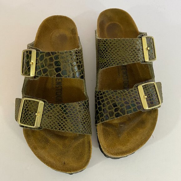 Birkenstock Arizona Green Snake Print Two Strap Slide Sandals Size 37 US 6-6.5 - Picture 3 of 7